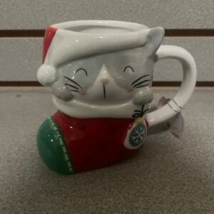 Christmas Cat in Stocking Ceramic Mug Santa Hat Holiday Coffee Cup 3D Sculpted
